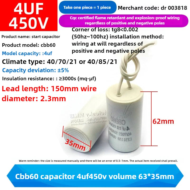 CBB60 Capacitor 450V AC Motor Run Capacitors 3/4/5/6/8/10/12/14/15/16/18/20/30/35/40/50/60/70UF for Washing Machine, Water Pump