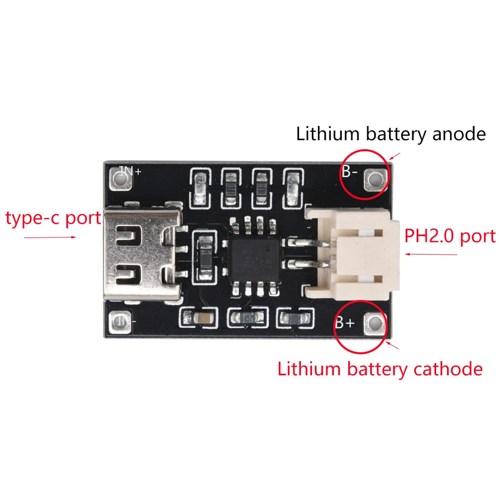 TP4056 3.7V Lithium Battery Charging Module 1A USB Type C Port PH2.0 Terminal Overcurrent Protection Board Detector Module