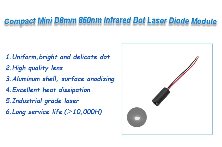 Infrared Dot Laser Diode Module Compact D8mm 850nm 0.5mw 1mw 5mw Class I Class II Class IIIA Industrial Machine IR Dot Laser