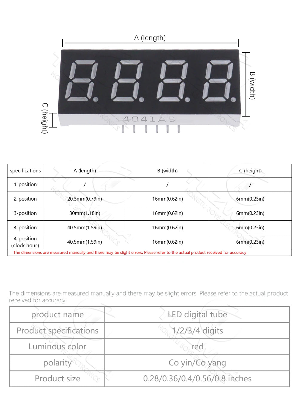 5PCS LED Digital Tube Display 0.28/0.36/0.4/0.56/0.8-Inch 1/2/3/4-Bit 7 Segment Common Cathode/Anode Red/White/Yellow/Green/Blue