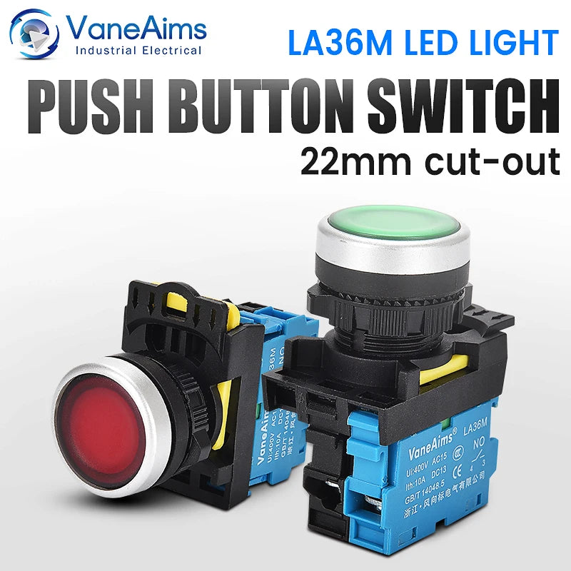 22mm LA36M Momentary Push Button Switch with LED Light 12v 24v 220v Latching Illuminated Push Button Switches On Off VaneAims