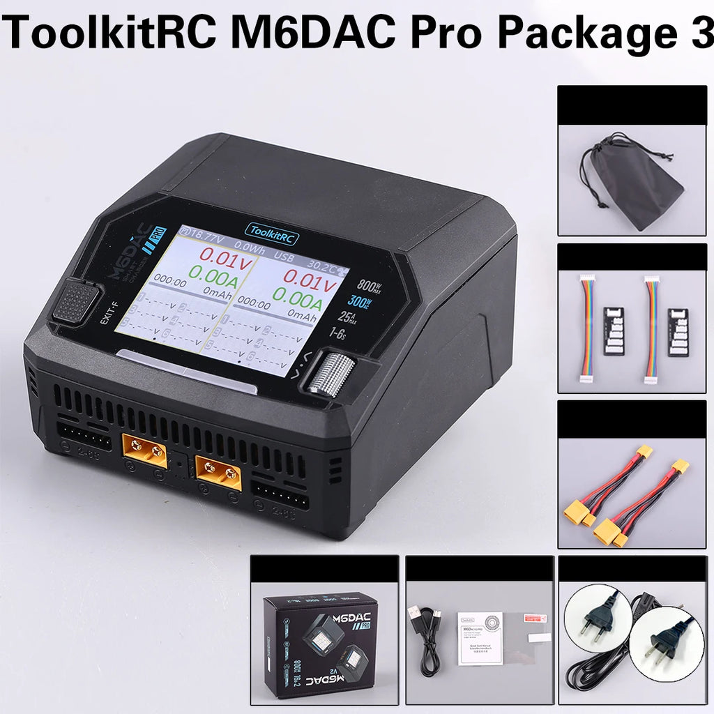 ToolkitRC M6DAC PRO V2 Dual Channel Smart Lipo Battery Charger Discharger AC 200W DC 800W 16A for 1-6S LiHV LiPo PD65W FPV Drone