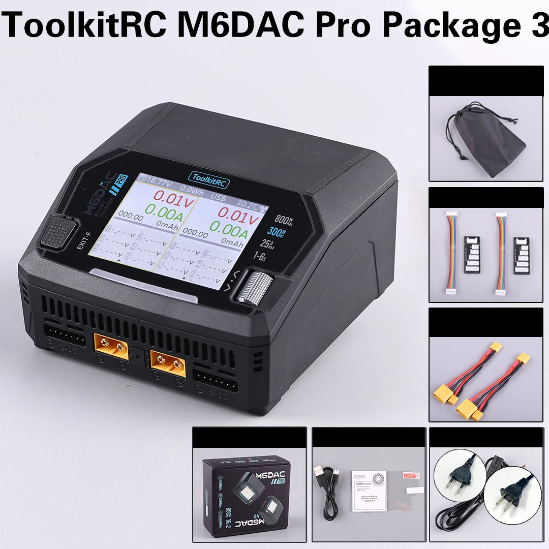 ToolkitRC M6DAC PRO V2 Dual Channel Smart Lipo Battery Charger Discharger AC 200W DC 800W 16A for 1-6S LiHV LiPo PD65W FPV Drone