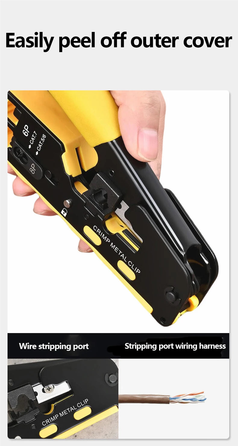Rj45 Rj12 Rj11 Pass Through Crimp Plier Cat7 Cat6 Cat6A Cat5 Cat5e Stripping Crimping Tool with 8P/6P Ethernet Connectors