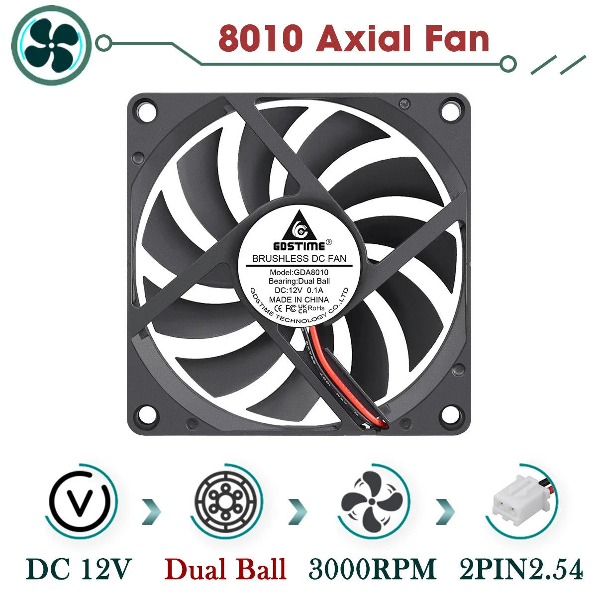 Gdstime 80mm Fan DC 5V 12V 24V 80x80x10MM Brushless Cooling Fan 8010 Double Ball Cooler 8CM Axial Fan for PC Case CPU Cooling