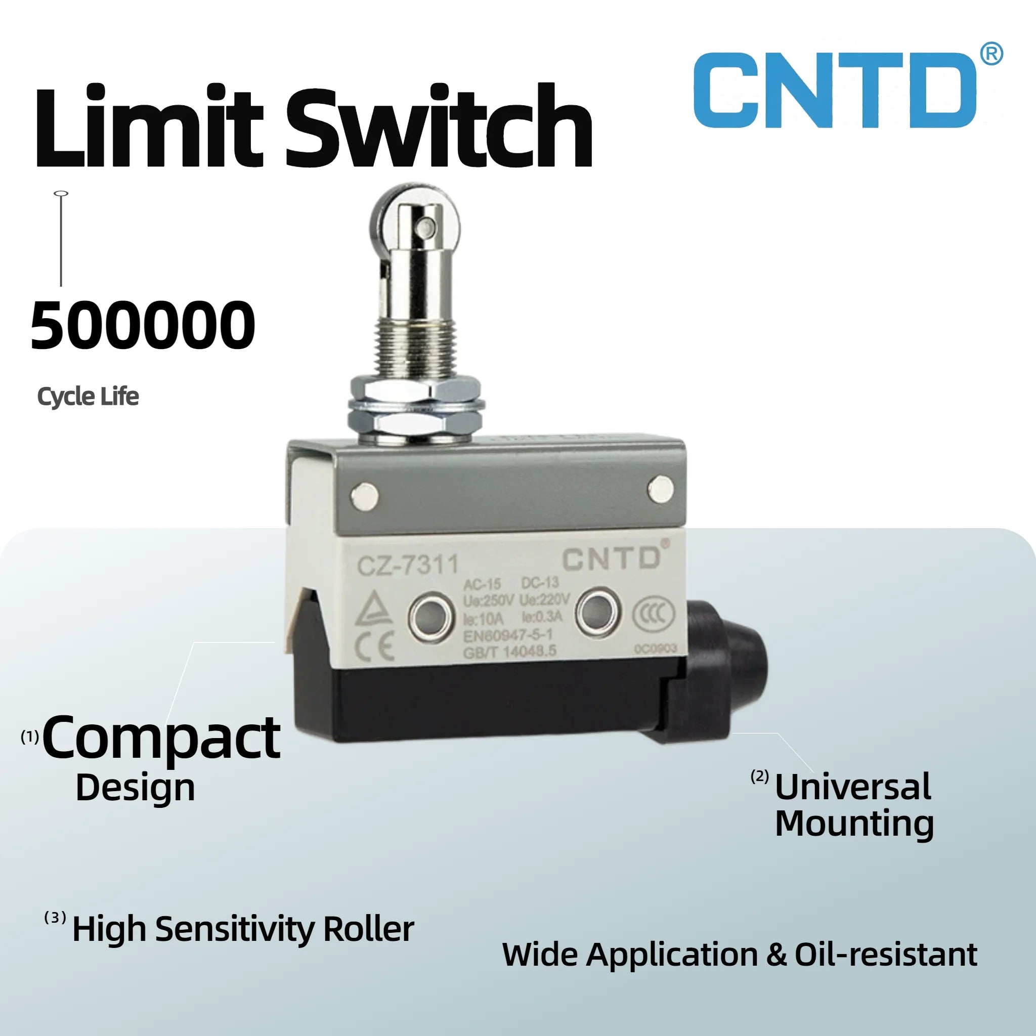 CNTD CZ-7311 IP64 Waterproof Heavy Duty Mini Horizontal Limit Switch Panel Mount Roller Plunger Self Reset 10A 380V