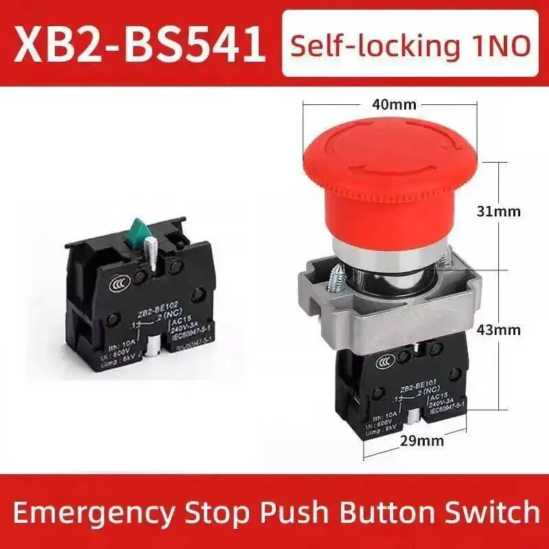 5pcs 22mm Mounting Emergency Stop Button Switch Self-locking XB2-BS545 Rotary Reset Mushroom Head NO NC Brass/Silver Contact