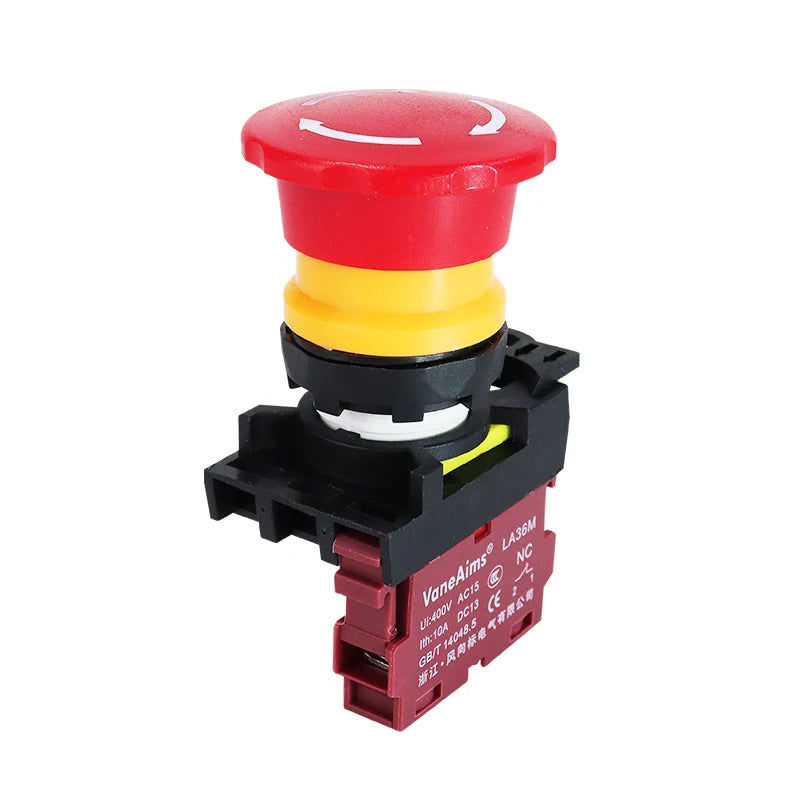 22mm LA36M Emergency Stop Switch Lockable Push Button 12v 24v 220v 10A 1NC 2NC Red Mushroom Head E-Stop Switches On Off VaneAims