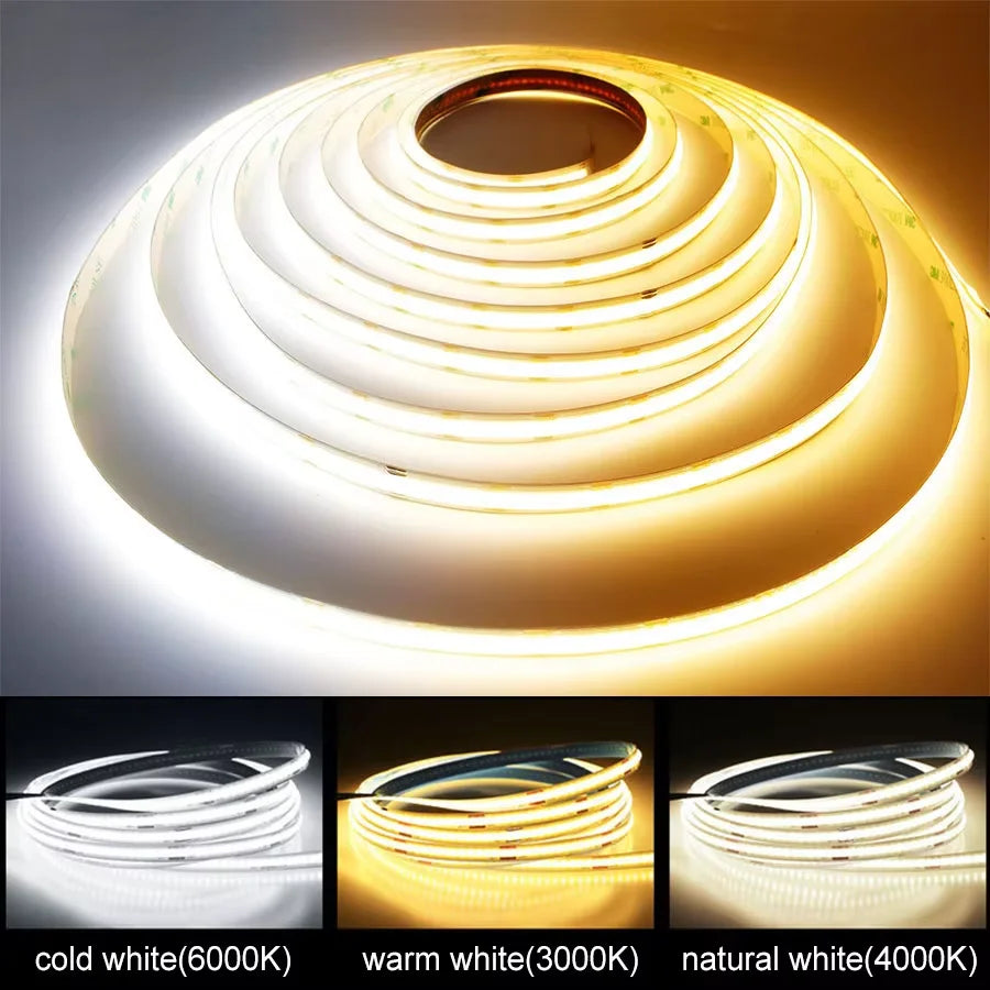 Linear regulável 24v 12v cob luzes de tira led 8mm 320leds/m fita flexível led para decoração do quarto 3000k 4000k 6000k 1m 5m
