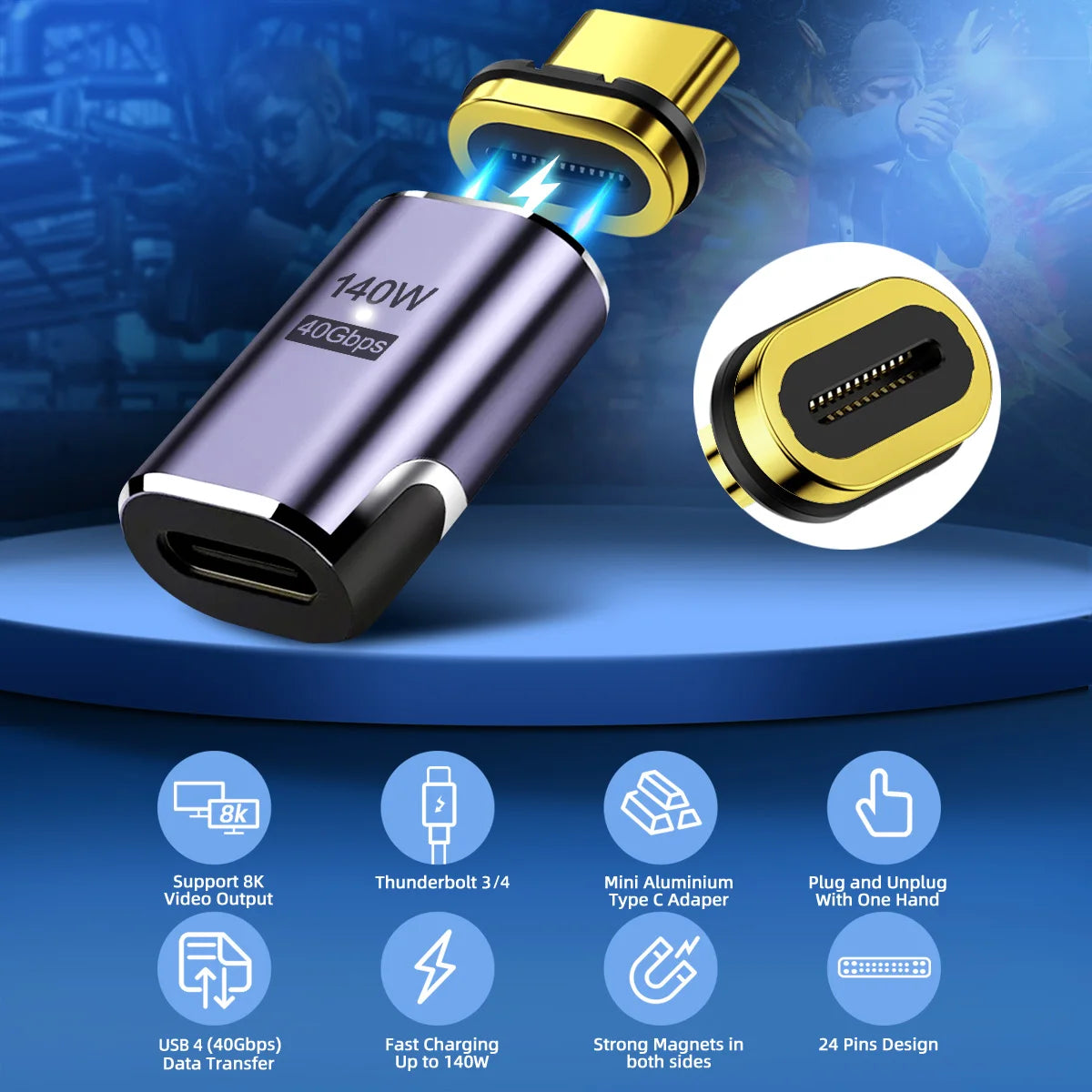 USB4.0 Thunderbolt3 Magnetic USB C To Type C Adapter 140W 40Gbps Fast Charging Magnet Charge Converter Cable 8K@60Hz USB-C Adapt