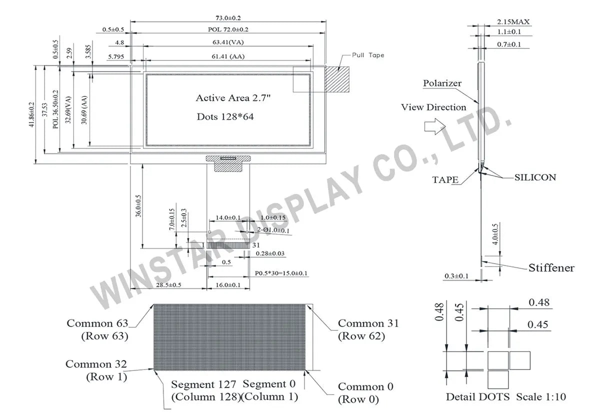 Winstar WEO012864K 31P COG Graphic SPI/I2C/6800/8080 SSD1309 3V 2.7" 27 2.7 inch 128x64 OLED Display