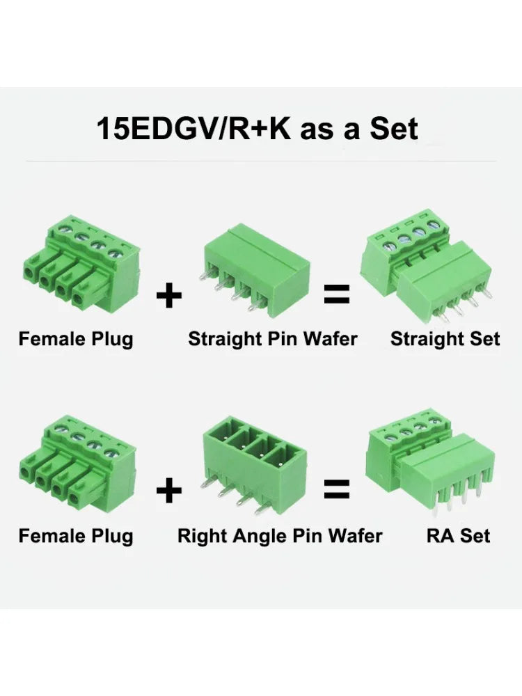 20pcs/20pairs 15EDG 2EDGK-3.81mm Female Straight  RA Male Wafer 300V8A 2P-24P PCB Phoenix Plug-in Wire Terminal Block Connector