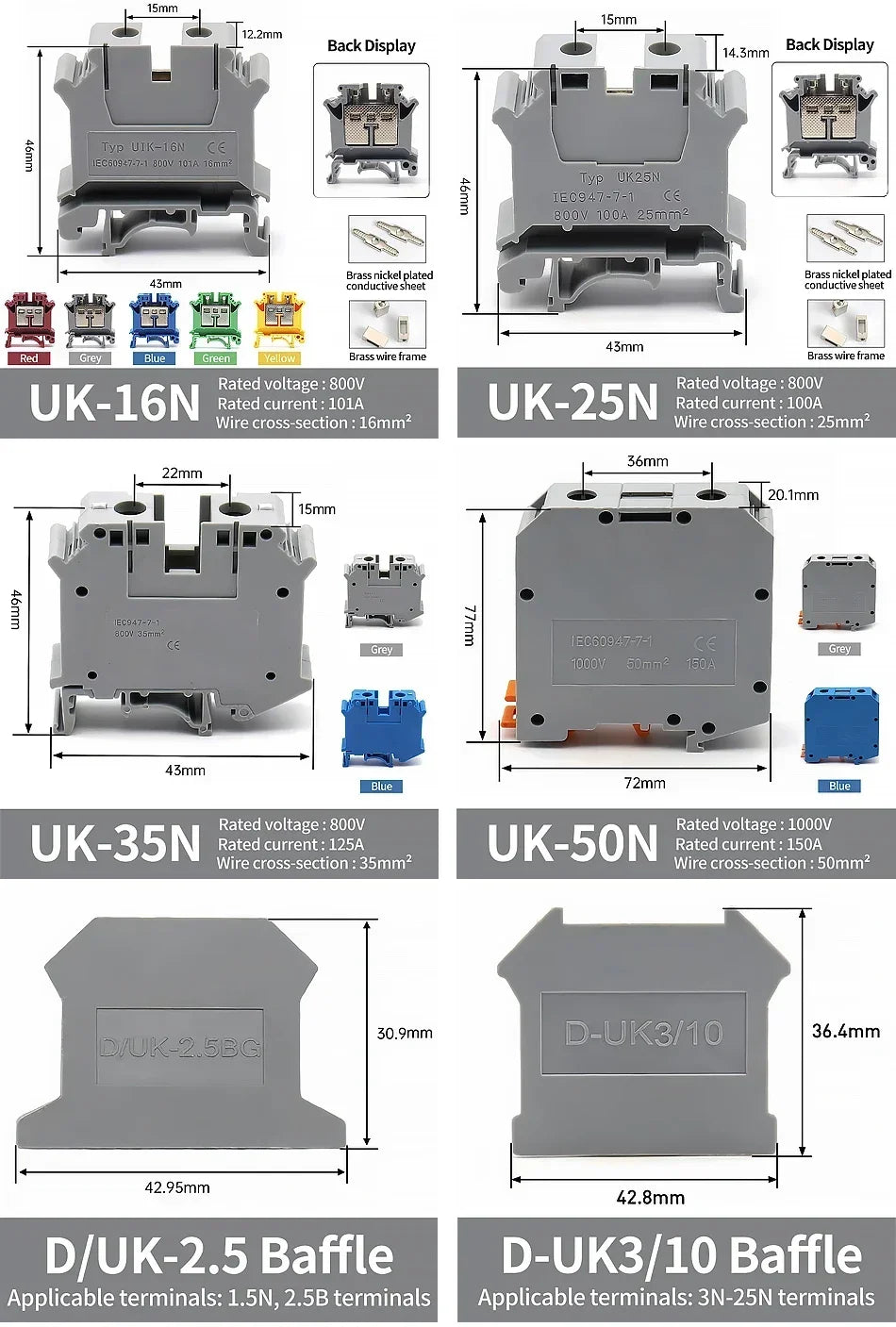 UK2.5B DIN Rail Terminal Block, 2.5mm² Screw Connection Wire Connector for Electrical Panel Wiring 20/50/100PCS