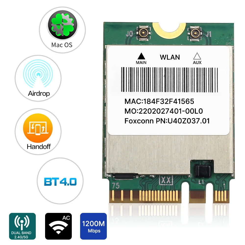 BCM94352Z 1200Mbps NGFF WiFi Card 802.11ac Dual Band 2.4G/5GHz Bluetooth 4.0 M.2 Network Wireless Adapter for Hackintosh Mac
