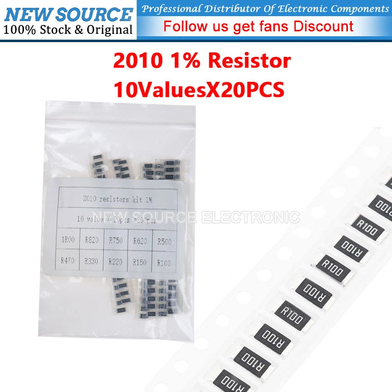(200pcs) 2010 SMD Resistor 1% 1R00 R100 R620 R470 R330 R220 R820 Ohm Assorted Kit 10ValuesX20PCS