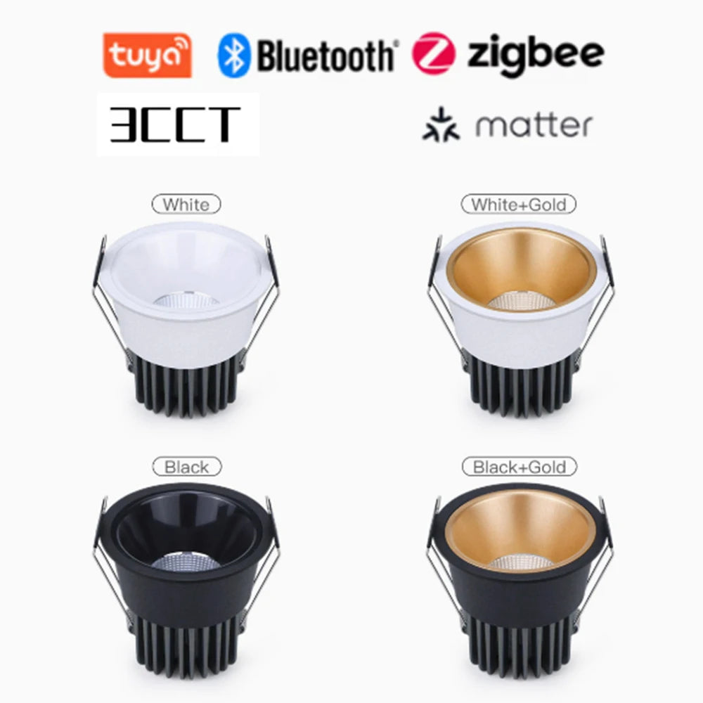 Recessed COB Spotlights 3CCT TUYA Bluetooth/Zigbee Matter Dimmable LED Downlight 110/220V Dimmable Ceiling Lamp Bedroom Kitchen