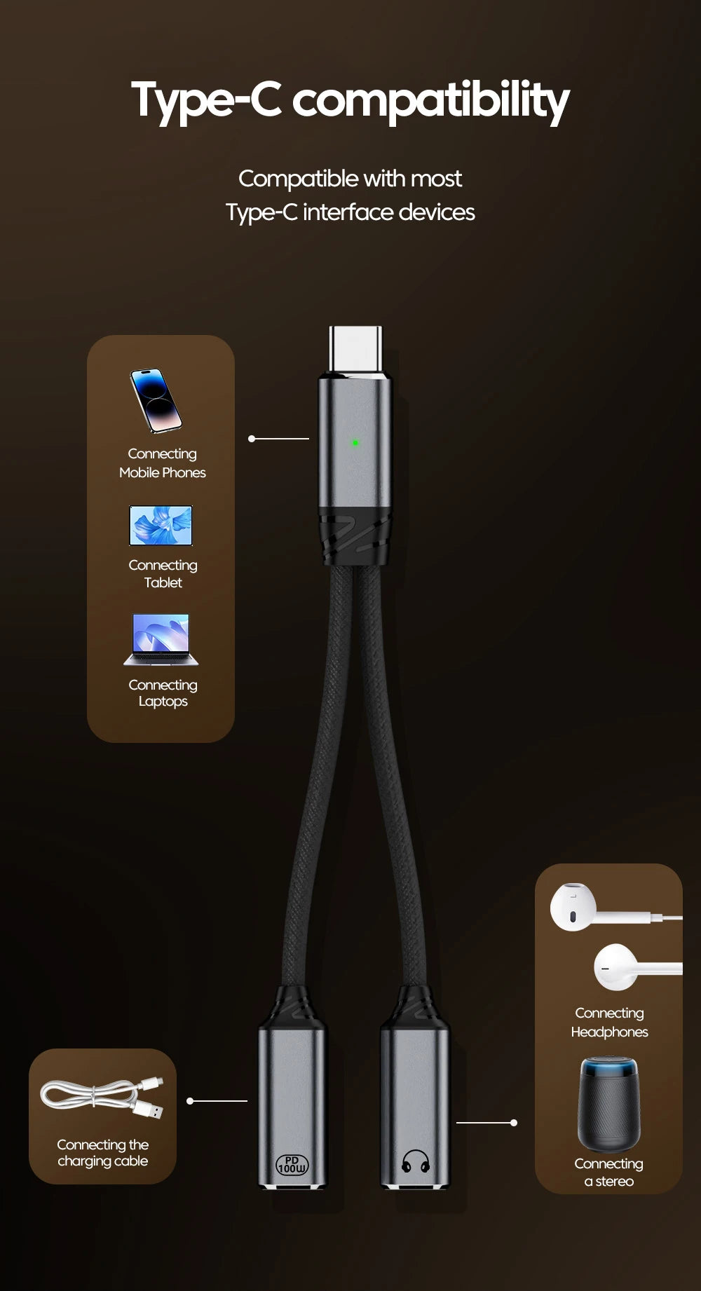 100W PD Fast Charger Cable 2 in 1 USB C Splitter Type USB C Headphones Jack Audio Adapter For Samsung iPhone 16 15 Huawei Xiaomi