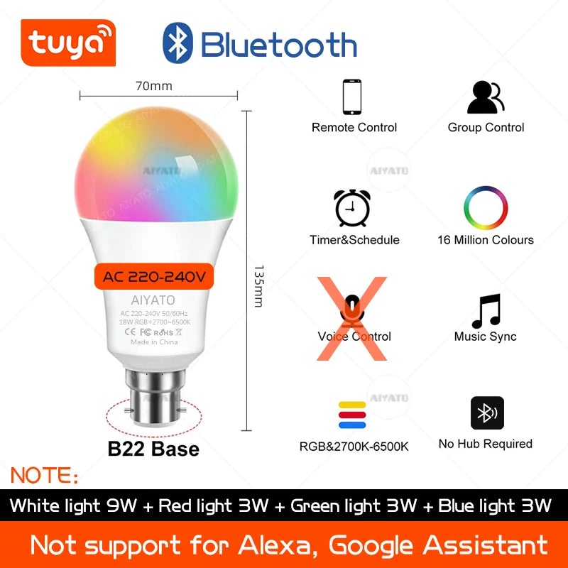 B22 Base UK TUYA Wifi Smart Bulb Bluetooth Lamps Led RGB Smart Light 220V Alexa Google Assisatnt Voice Control Timing APP Group