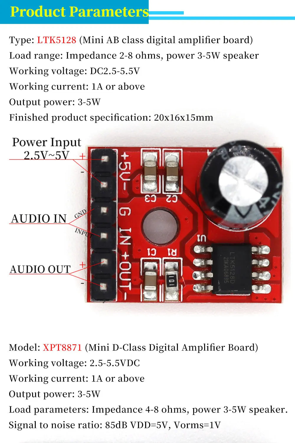 5128 Amplifier Board 5W Class D Digital Amplifier Board Mono Audio Module Low Distortion VS88715V DC2.5-5.5V LTK5128 Class AB