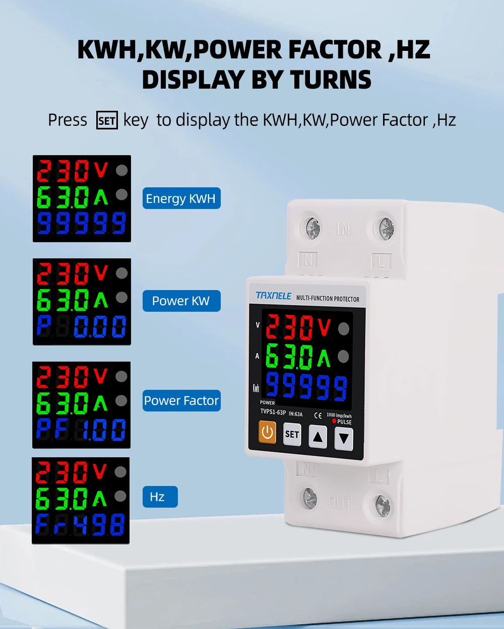 63A 230V Din Rail Adjustable Over Under Voltage Protective Device Protector Relay Over Current Protection Energy KWH Meter