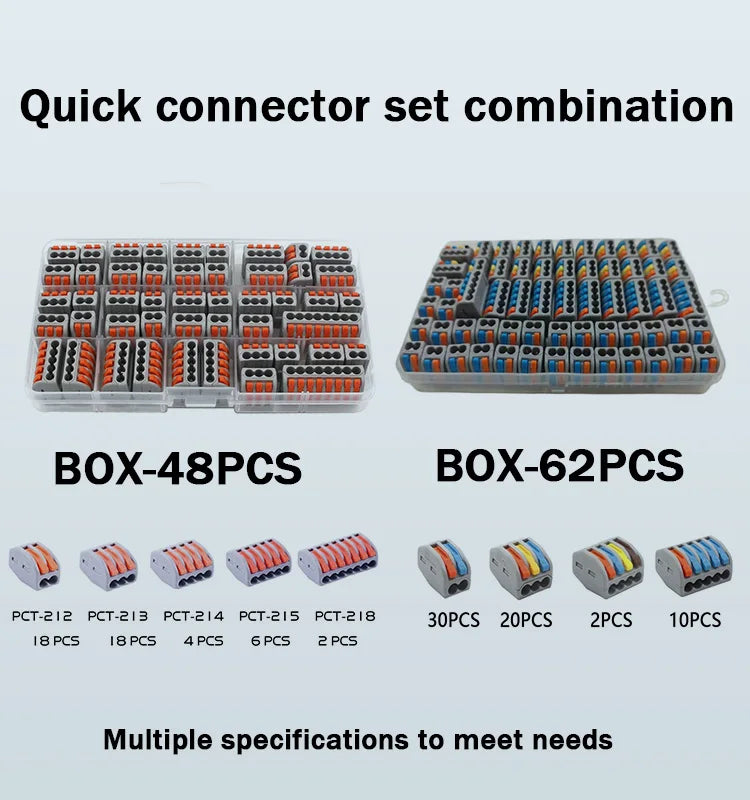 Electrical Wire Connector Set 48/62PCS 2/3/4/5/8 Port Lever Quick Splice Wire Connectors 32A 250V AWG28-12 0.08-4mm2 Storage Box