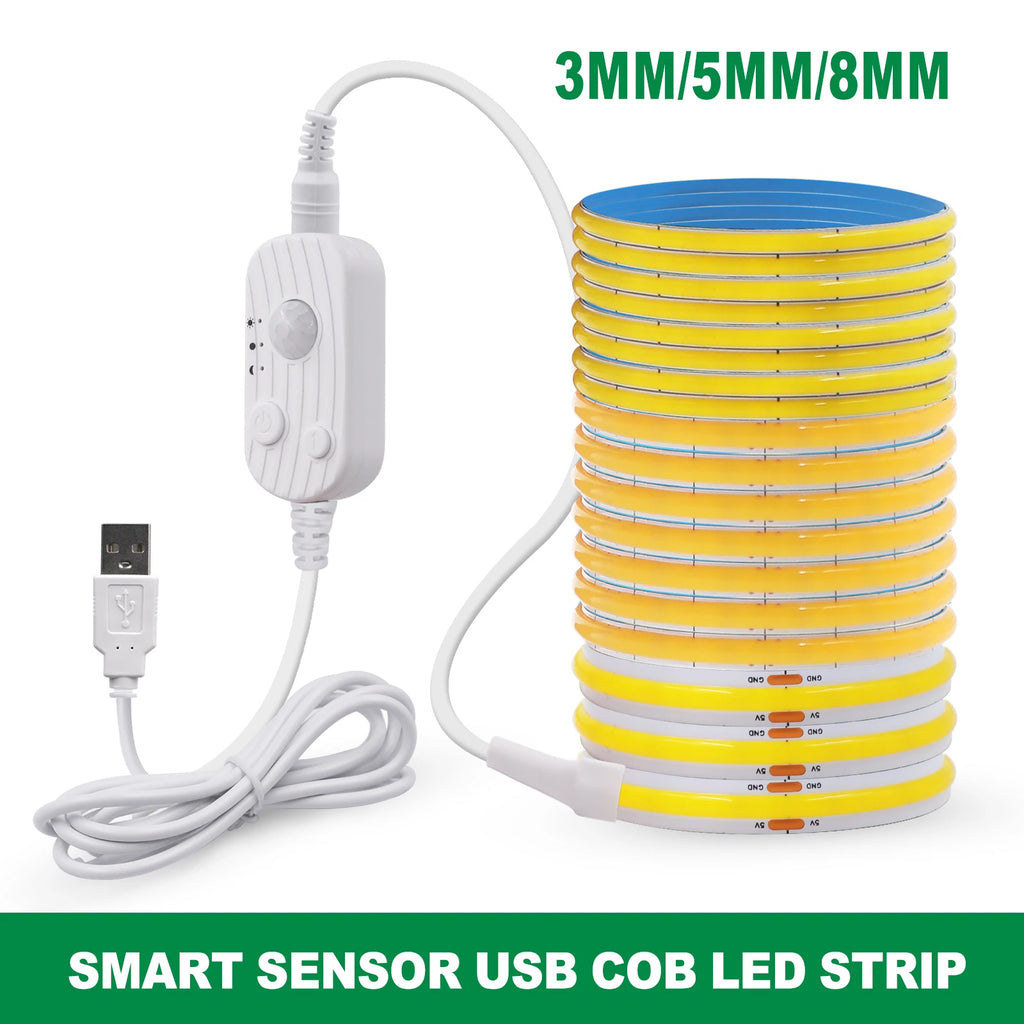 3MM 5MM 8MM COB LED Light Strip 5V 320LEDs PIR Motion Sensor Flexible Night Light USB/AAA Battery Powered Tape 3000K 4000K 6000K