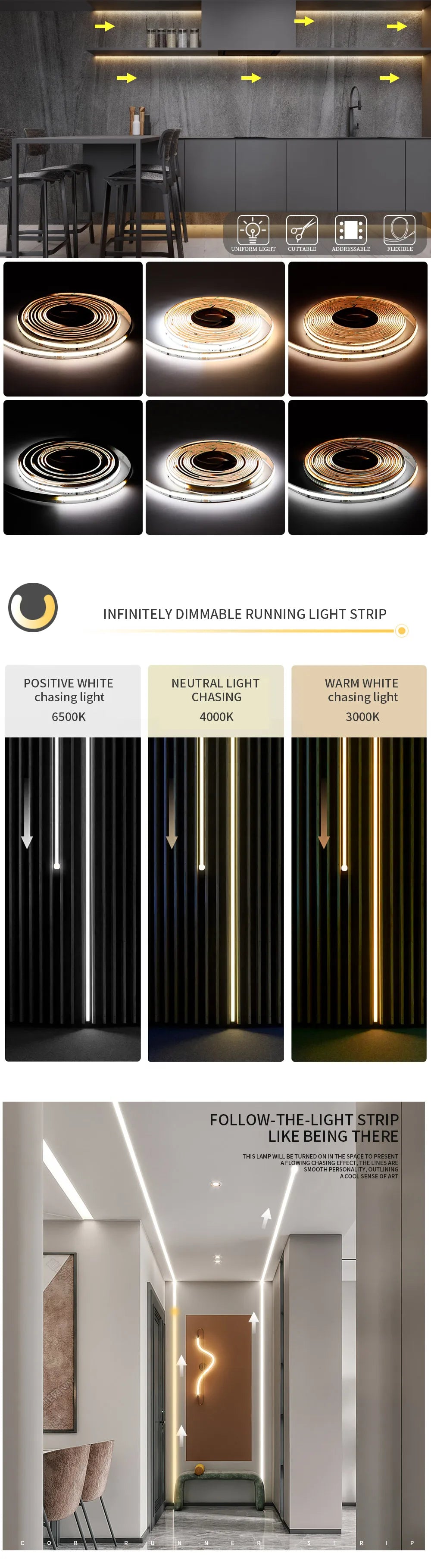 COB SPI WS2811 IC CCT LED Strip Light Addressable 576LEDs 2700K to 6500K 10mm DC24V Flexible FOB High Density COB Tape RA90