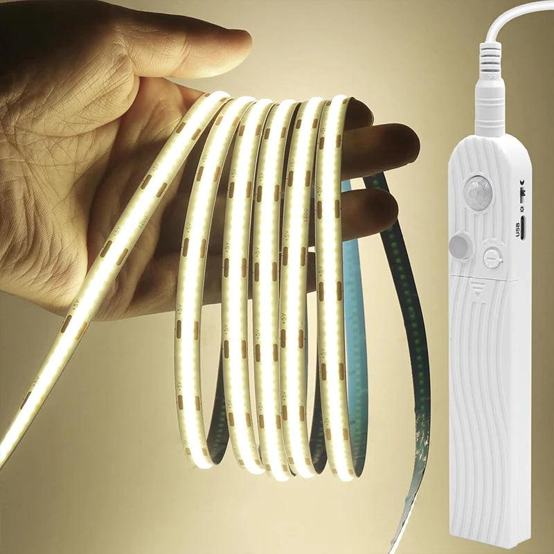COB LED Strip Light 5V 320LEDs/m PIR Motion Sensor Flexible Self-adhesive Tape Battery Powered for Cabinet Kitchen Lighting