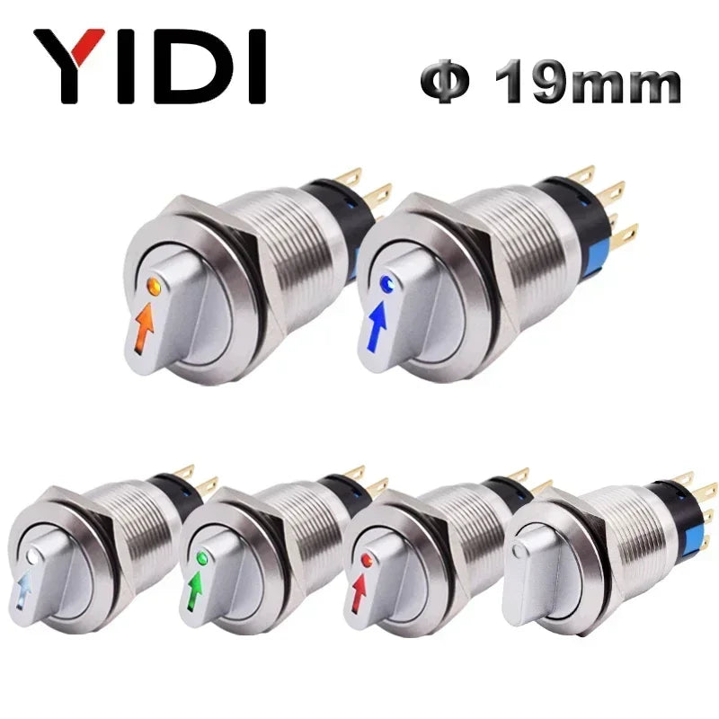 19mm 2 3 Position Metal Selector Rotary Switch Latching Push Button Switch SPDT with 12V LED Illuminated Switch 1NO1NC ON OFF