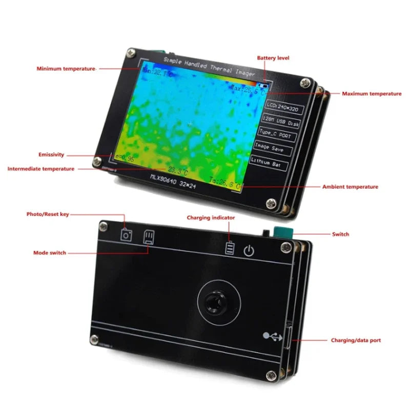 Infrared camera,MLX90640 digital infrared camera, portable thermal camera,2.8 inch LCD display,built-in battery, high precision.