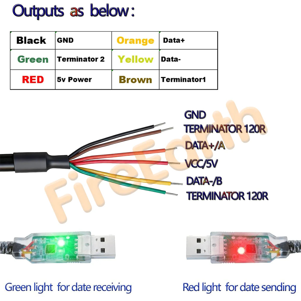 FTDI USB to RS485-WE Serial Cable, RS485-WE-1800-BT UART Serial Converter Cable,USB-RS485-WE Wire End,FT232 Chipset, 6 Way,1.8m
