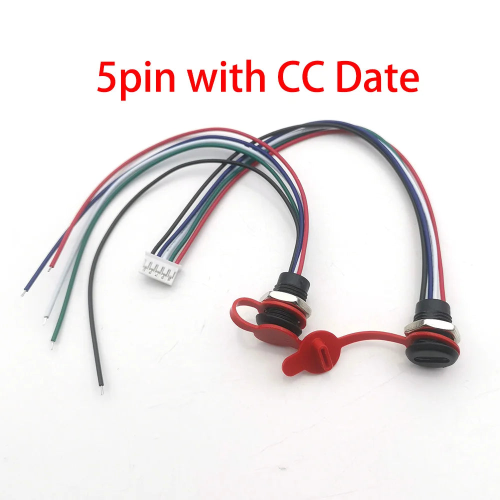 5Pin USB-C Connector With CC Pin Data Nut Snap Plate 4Pin With Wire 3A Waterproof USB Type C to PH2.0 Fast Charging Female Jack