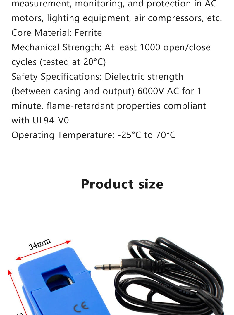 SCT-013 Split Core Current Transformer 5A 10A 15A 20A 30A 50A 60A 100A Multi-range Non-invasive Clip-on AC Current Sensor