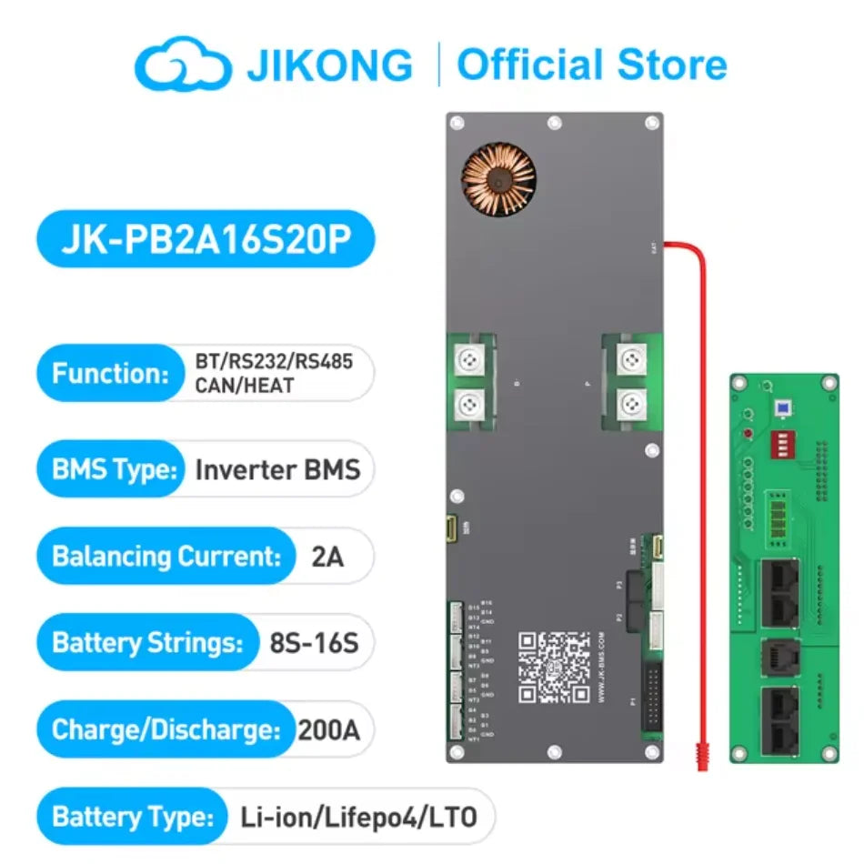 JK BMS PB2A16S20P 200A LiFePo4 Li-Ion LTO Battery 24V 48V 72V JK Inverter BMS 8S 10S 12S 14S 16S Active balancer 2A JIKONG BMS