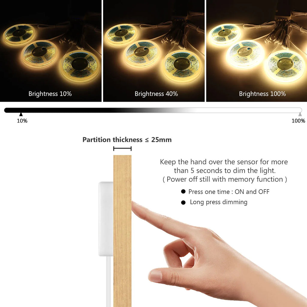 Smart Penetrable Wood COB LED Strip Touch Sensor Light 320Leds/m Warm/Neutral White Parallel Lights Kitchen Backlight Lighting