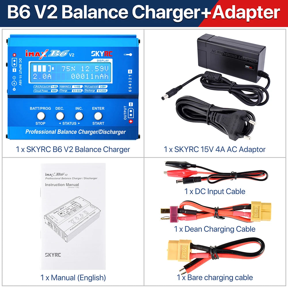 SKYRC Lipo Charger IMAX B6 EVO B6 V2 B6 Mini B6AC V2 Balance Battery Charger Discharger with Adapter Temperature Sensor 6A 1-6S