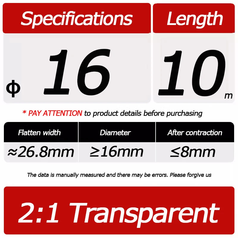10 Meter/Lot Heat Shrink Tube 2:1 Clear Transparent Tubing Shrinkable Wrap 1mm - 60mm Cable Sleeve Wire