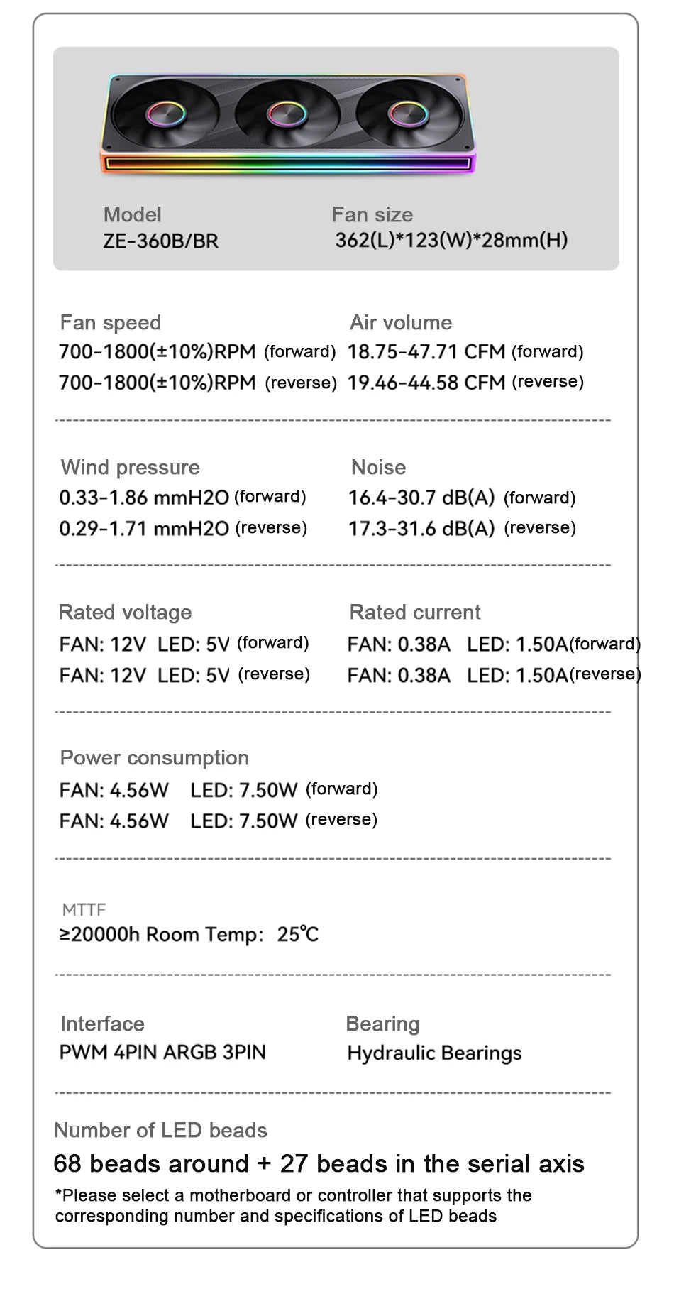 JONSBO ZE-120/240/360 PC Case Fan ARGB Four-sided Thousand-layer Mirror PWM Gaming Combined Cooling Fan