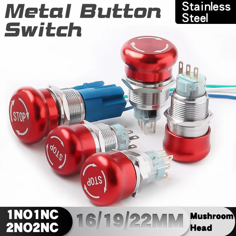 16MM 19MM 22MM 1NO1NC 3Pin 6Pin Mushroom Head Turn-Reset Stainless Steel 304 Metal Emergency Stop Button Switch