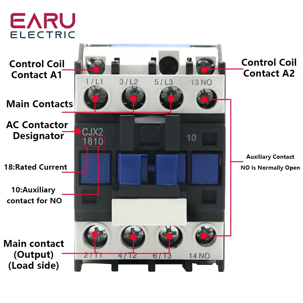 EARU Three Phase LC1 CJX2-1810 18A NO Coil Voltage AC Contactor 380V 220V 110V 24V 50/60Hz Din Rail Mount 3Pole+1NO Normal Open