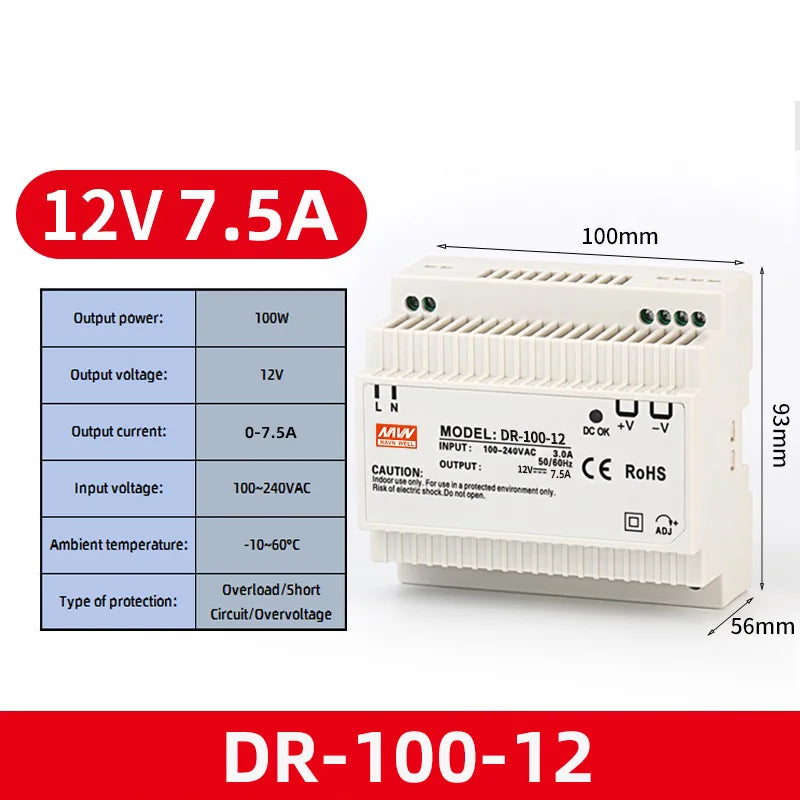 DR-60W Output 5V 12V 15V24V DIN Rail Switching Power Supply 24V DC 220V to 12V Transformer 5V Module Power Supply Box