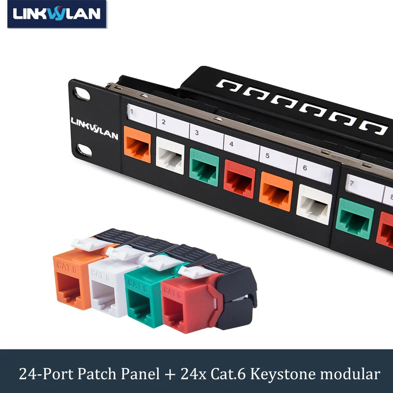 19 inch 24-Port Cat6 Modular Patch Panel Incl. 24pcs RJ45 Tool-less Keystone Jacks