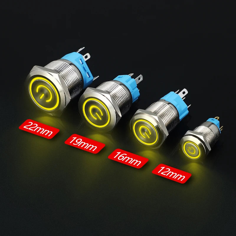 Metal Round Push Button Switch 12‑16‑19‑22mm, Momentary & Latching Power Control Button with LED Indicator for Electronic Projec