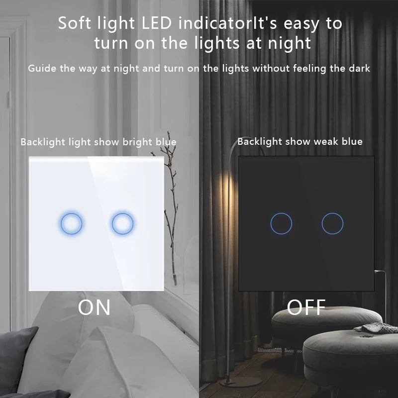 TAWOIA 1/2/3 Gang Touch Switch Double Light Switch Triple Sensor Switch 1Way EU Standard Glass Panel Blue backlight White Series