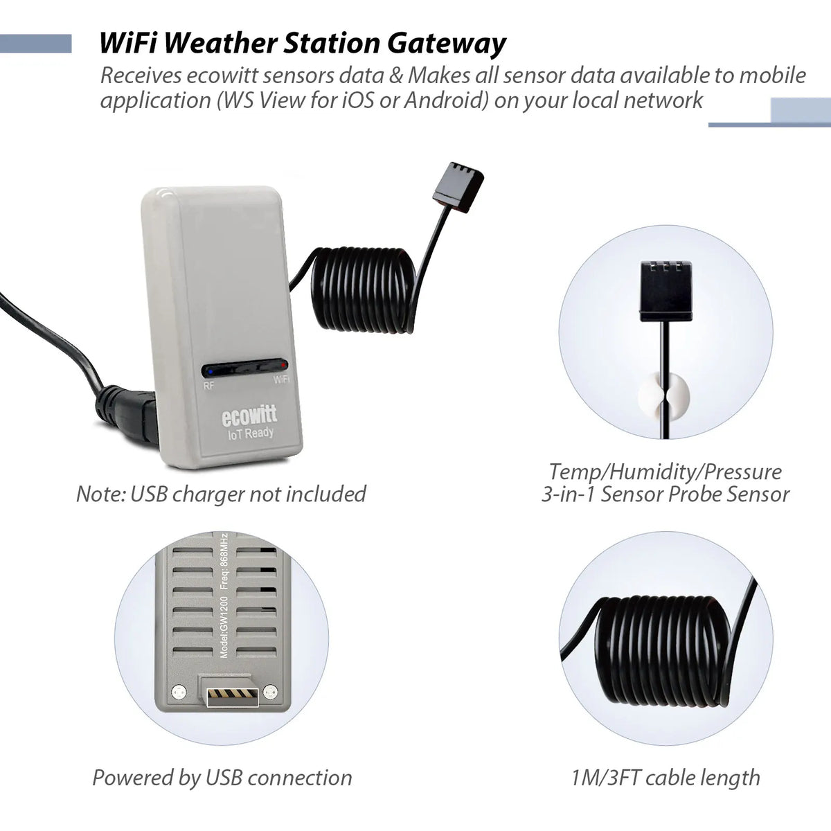 Ecowitt GW1200 Wi-Fi Hub Gateway - Built-in Thermometer Hygrometer Barometric Pressure Sensor, Support IoT Device WFC01 & AC1100