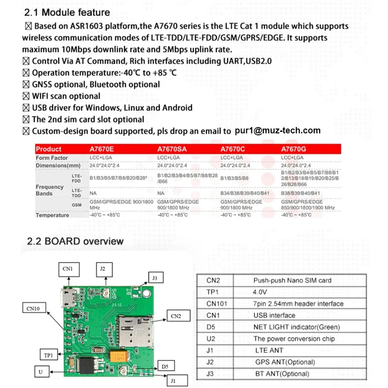 A7670E Push Nano Side Way SIM Slot Core Board SIMCOM 4G LTE Cat 1 Module Support Data/GPS for Europe/Middle East/Africa