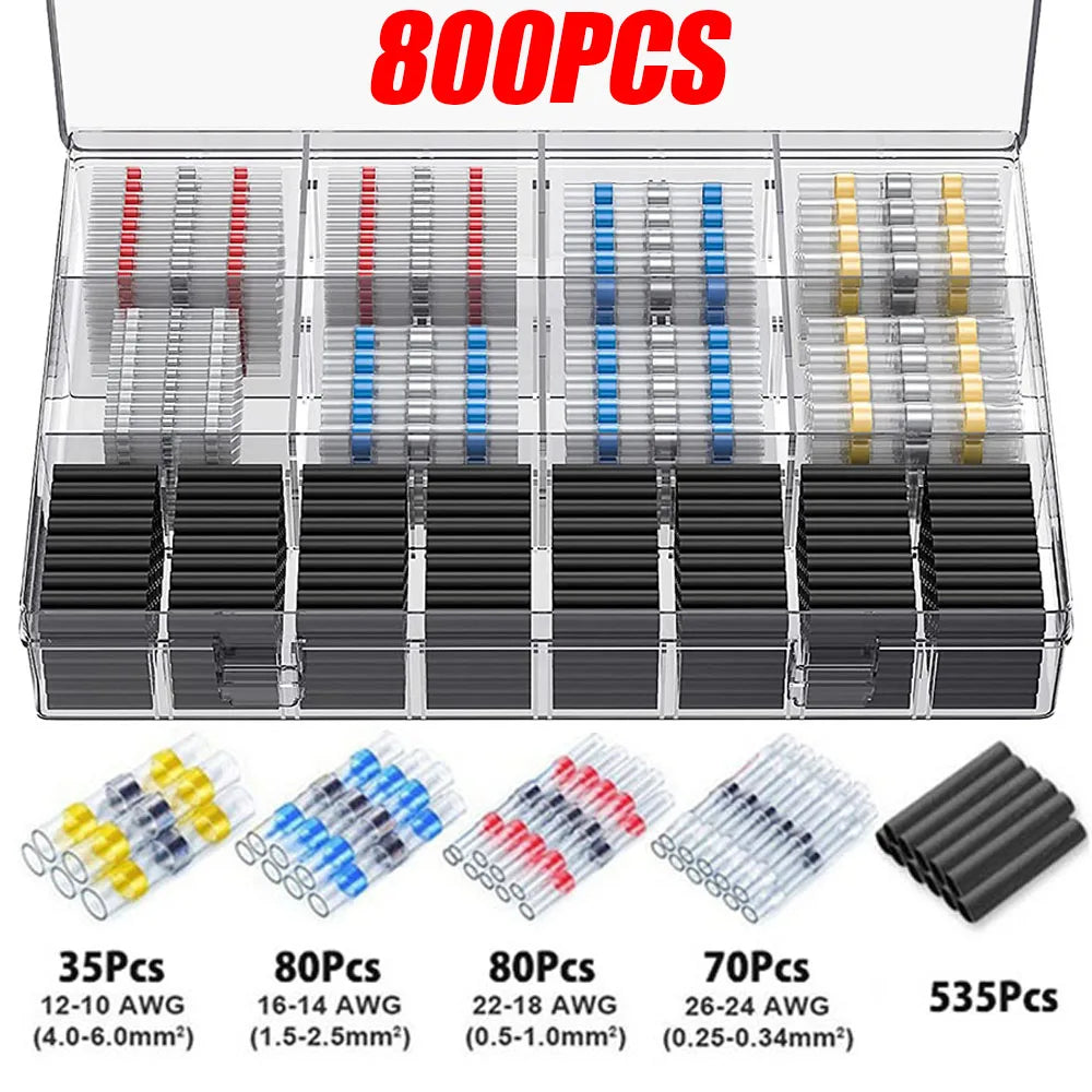 100/800PCS Solder Seal Wire Connectors Heat Shrink Solder Butt Connectors Kit Automotive Marine Insulated with 300W Hot Air Gun