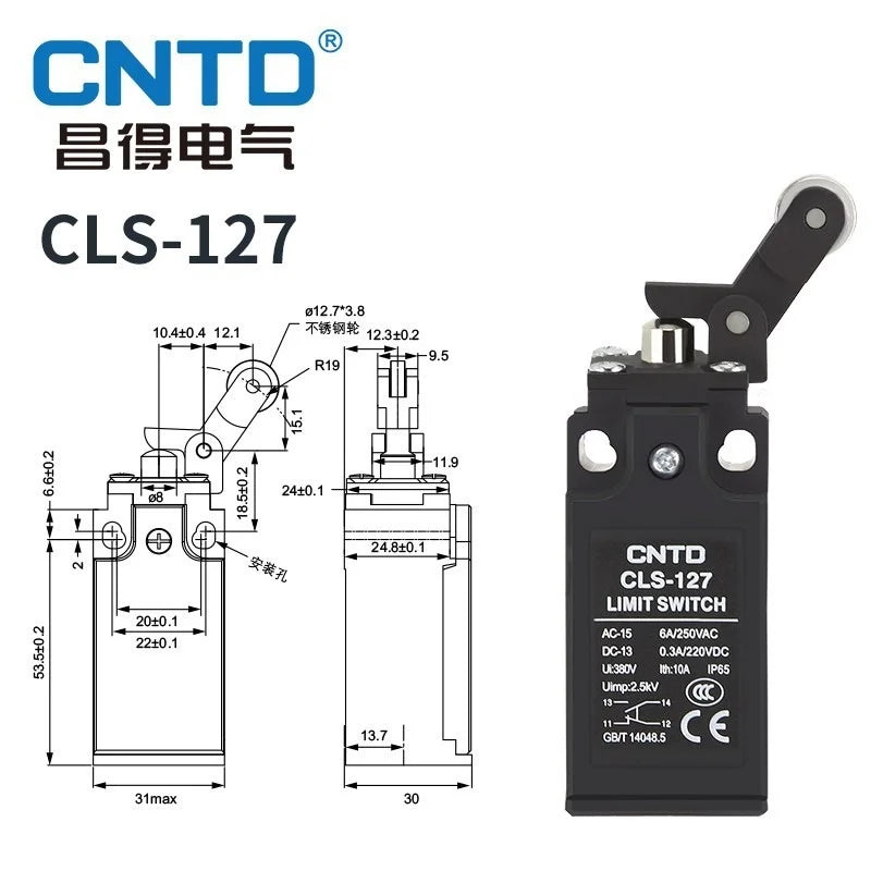Limit Switch CNTD CLS‑127 Vertical Single‑side Roller Lever IP65 10A 250VAC 1NO1NC PA66 Housing Travel Switch for Industrial Aut