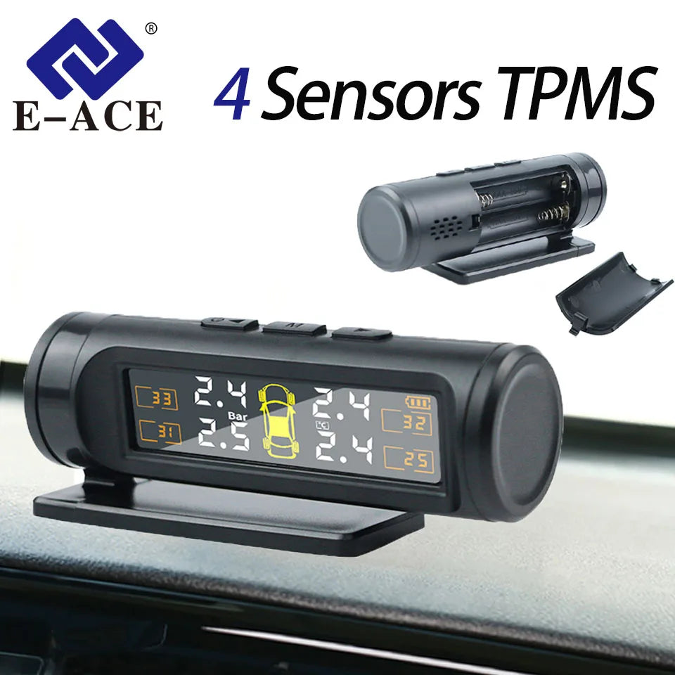 E-ACE 4 Sensors TPMS Removable Battery Wireless Intelligent Sensing Tire Pressure Monitor System Safety Alarm LCD Display