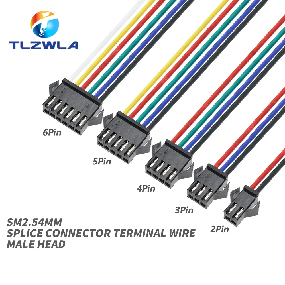 10PCS JST SM 2/3/4/5/6Pins 2.54MM Plug Male to Female Wire Connector cable pigtail Plug LED Connecting line 20cm Long